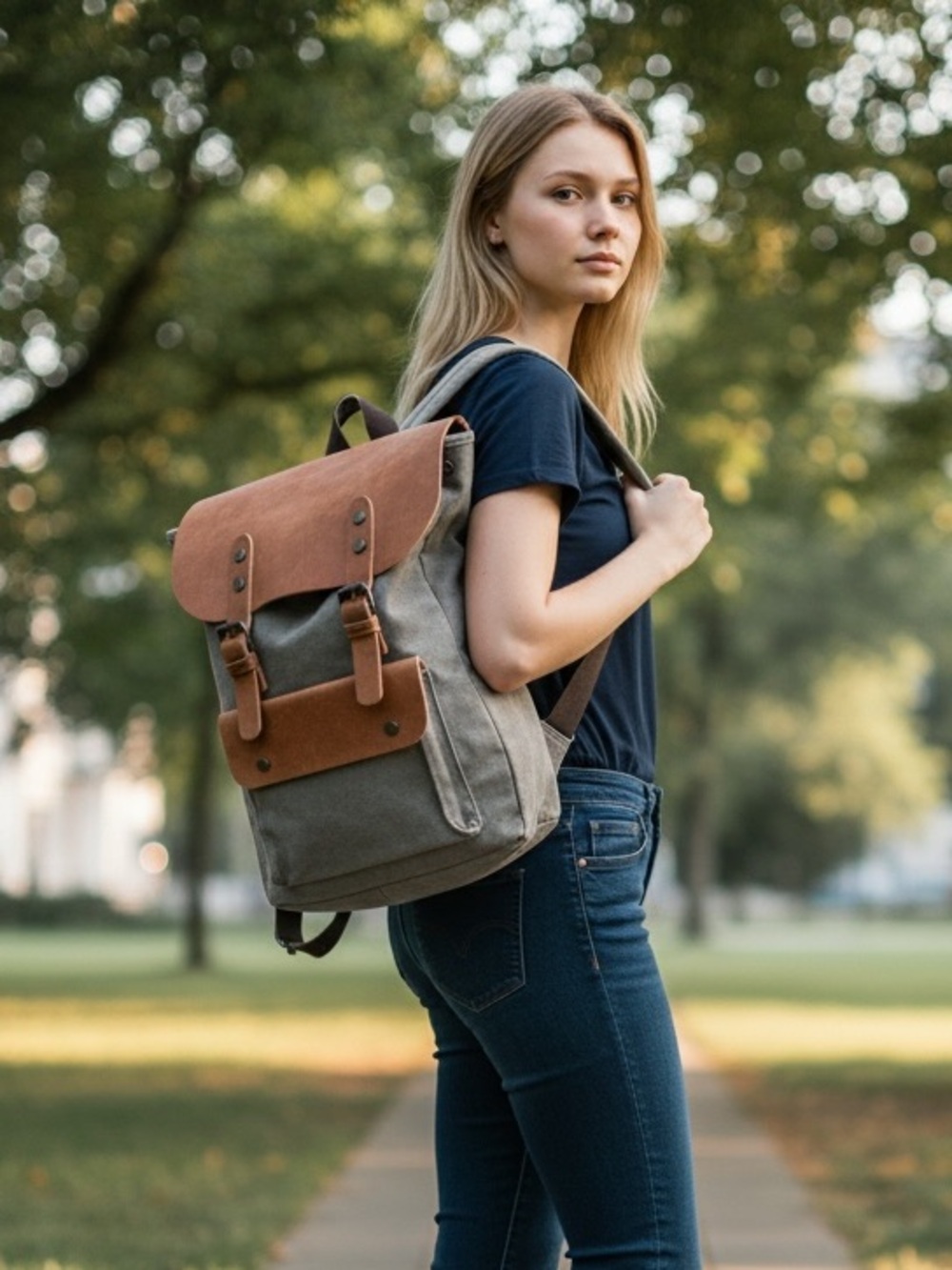 United Leather New York Cotton Canvas CowhideLeather UNISEX Backpack Taupe NWOT